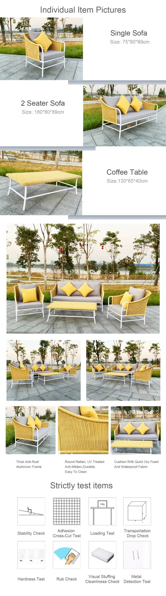 Italian Design Balcony Garden Resort Villa Project Aluminum Leisure Sofa with Yellow Rattan