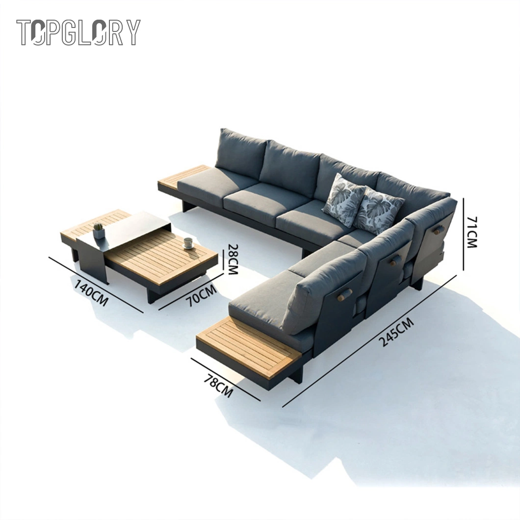 2022 Modern Hotel Home Outdoor Patio Garden Wooden Living Room Furniture Aluminum Teak Sectional Corner Chair Sofa Rattan Furniture with Side Coffee Table