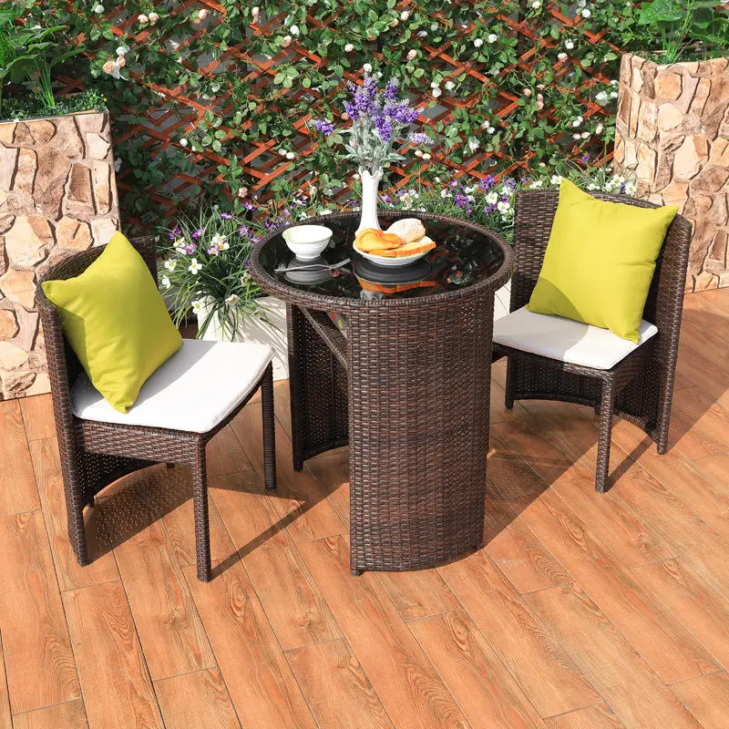 Balcony Coffee Table Set Round Rattan Garden Set Outdoor Furniture 2 Seats Sofa of Three Pieces