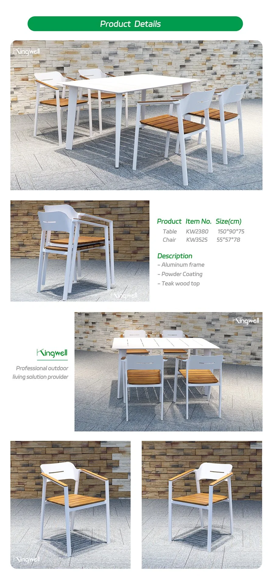Aluminum Dining Table Outdoor Garden Patio Furniture Set with Teak Wood