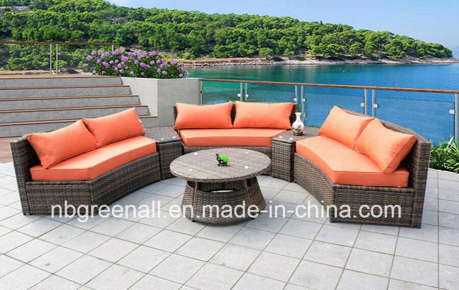 Outdoor Garden Rattan Patio Wicker Half Moon 6 - Person Seating Group Furniture Sofa with Ice Bucket