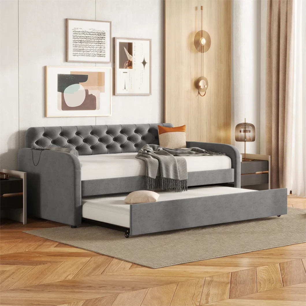 Willsoon Furniture Twin Size Upholstered Daybed with Trundle, Velvet Twin Sofabed, Solid Wood Day Bed Frame.
