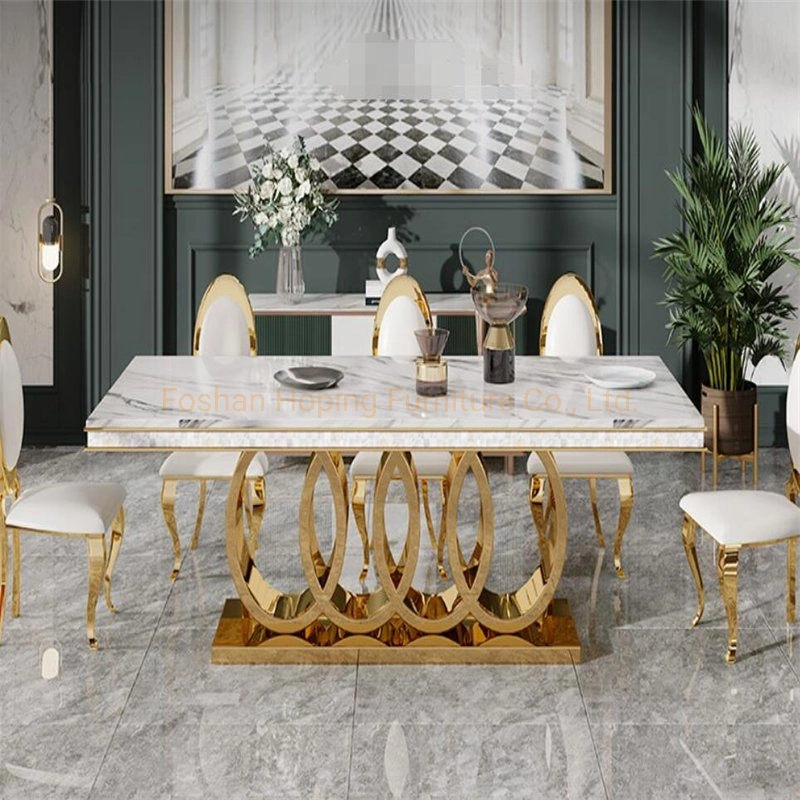 Modern Round Oval Square Tempered Glass Marble Top Table Set Wedding Chair Furniture Household Ball 10248 Seat People Stainless Steel Dining Table