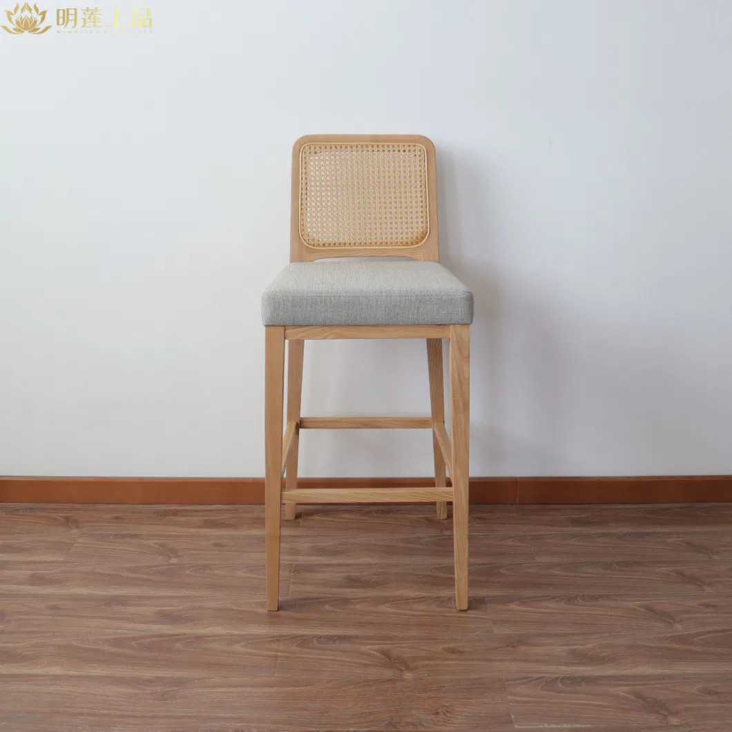 Modern Design Solid Wood Frame Fabric Upholstered Bar Chair with Rattan Weaving Restaurant Furniture Cafe Furniture