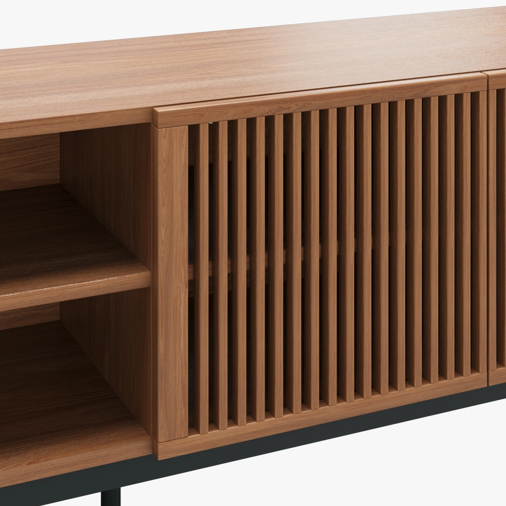 Modern Louvered TV Stand, with Solid Wood Slatted Doors, Open Storage Furniture