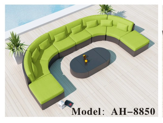 Outdoor Sectional Furniture Half-Moon Patio Curved Sofa Set Brown Rattan Wicker Beige Cushions W/Round Coffee Table &amp; Side Table