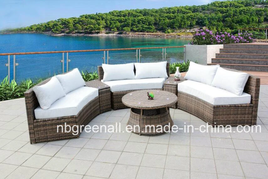 Outdoor Garden Rattan Patio Wicker Half Moon 6 - Person Seating Group Furniture Sofa with Ice Bucket