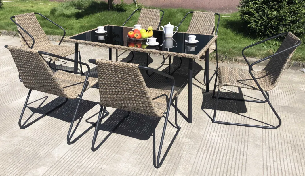 7 PCS Outdoor Simple Dining Set Stack Rattan Chair with Rectangular Table