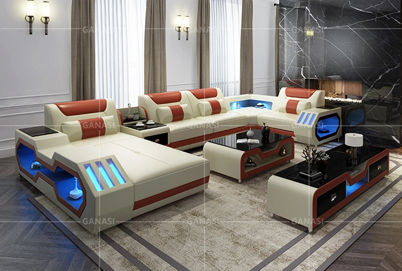 Dubai Commercial Office Furniture Genuine Leather Sectional Sofa Furniture with Coffee Table
