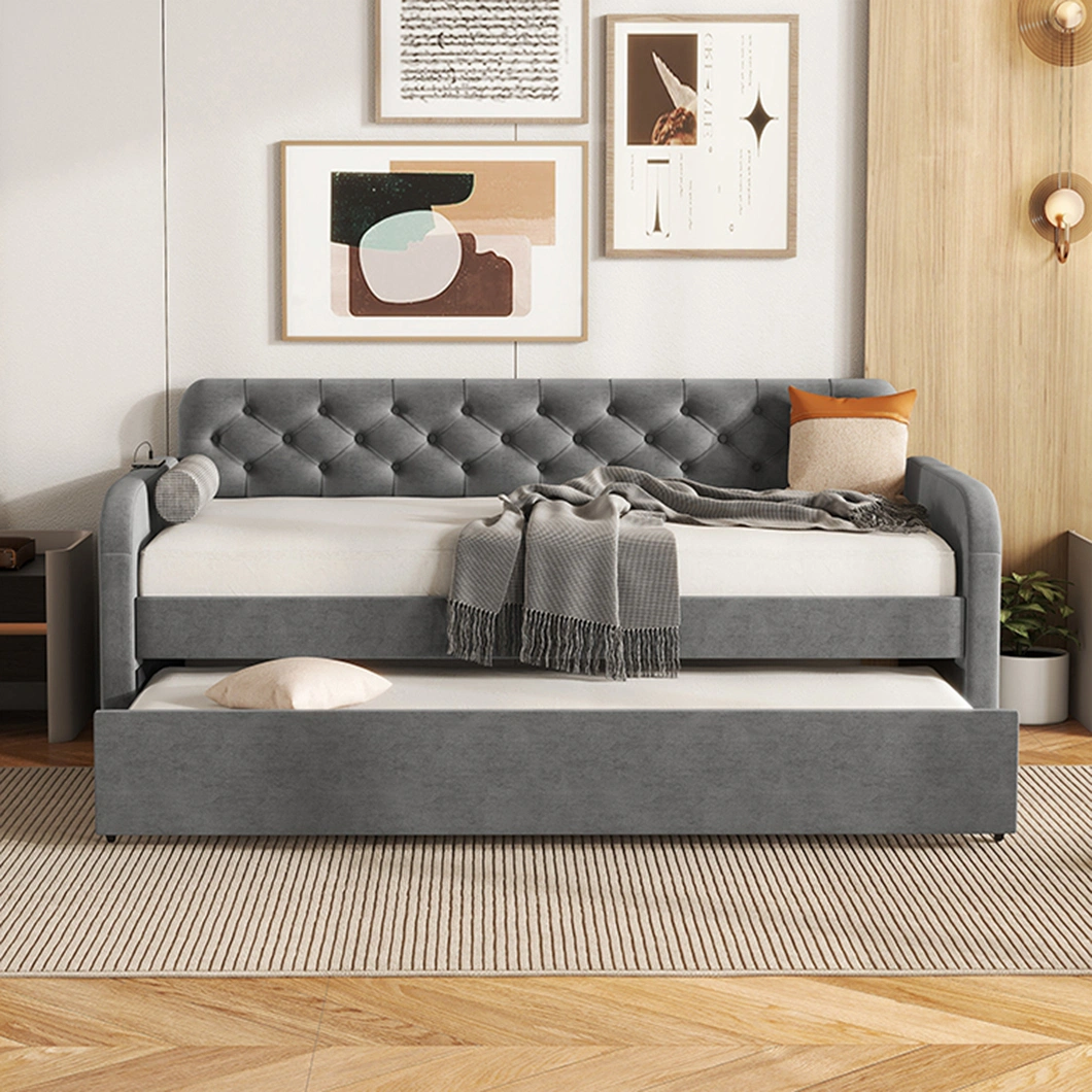 Willsoon Furniture Twin Size Upholstered Daybed with Trundle, Velvet Twin Sofabed, Solid Wood Day Bed Frame.