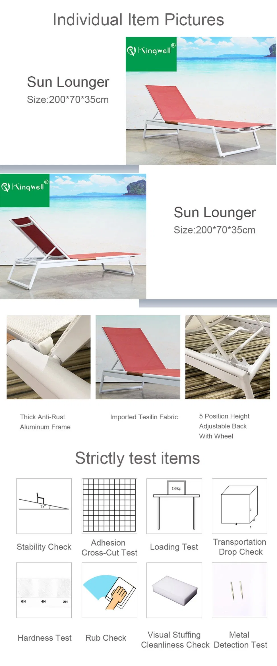 Beach Furniture Metal Mesh Teak Outdoor Sun Loungers for Swimming Pool