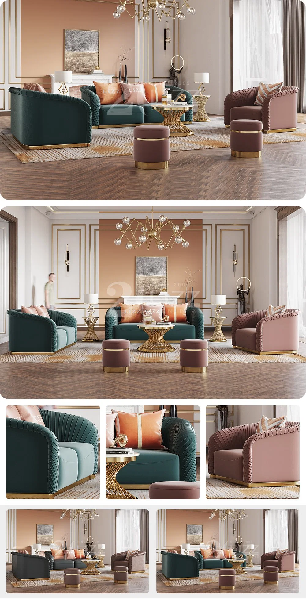 Dubai Home Furniture Living Room Royal Luxury Vekvet Fabric Leisure Sofa Set