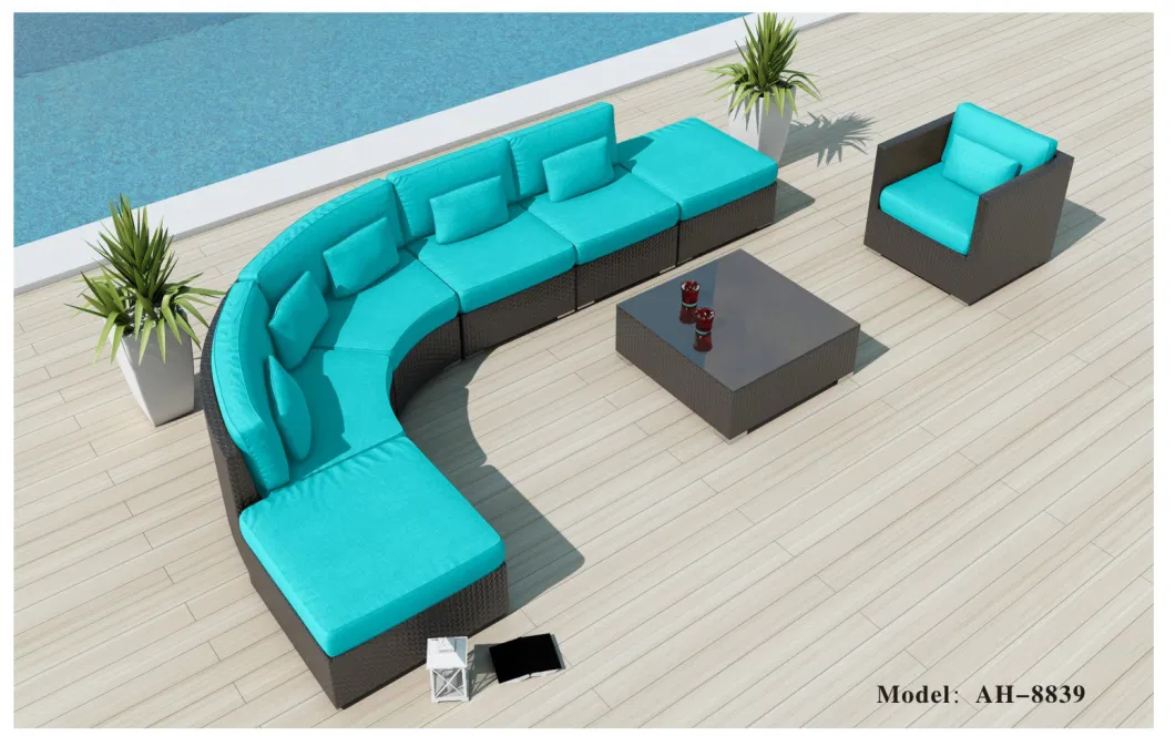 Outdoor Sectional Furniture Half-Moon Patio Curved Sofa Set Brown Rattan Wicker Beige Cushions W/Round Coffee Table &amp; Side Table