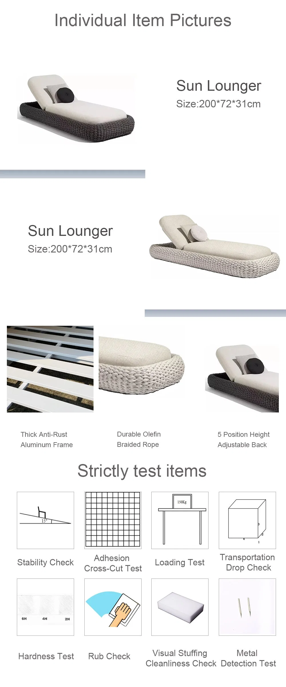 High Quality Oversized Outdoor Aluminum Beach Bed Garden Grey Chaise Lounger for 5 Star Hotel