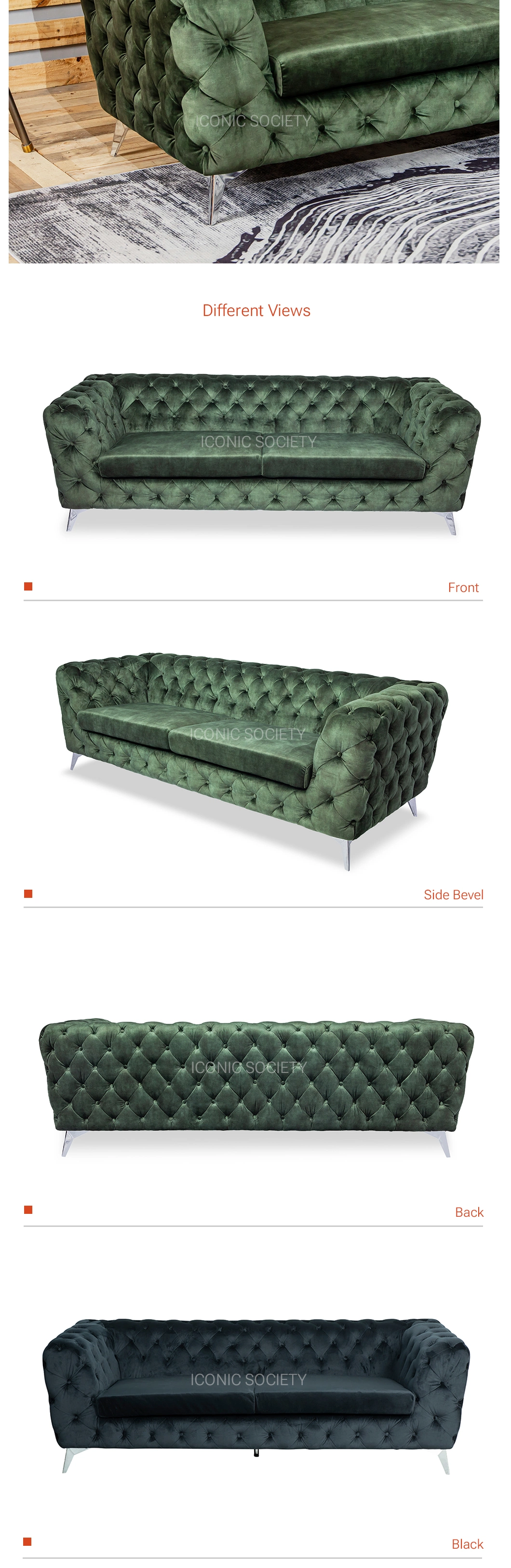 Modern Living Room Furniture Hotel Luxury Leisure Button Tufted Chesterfield Couch Velvet Fabric Sofa Set Furniture