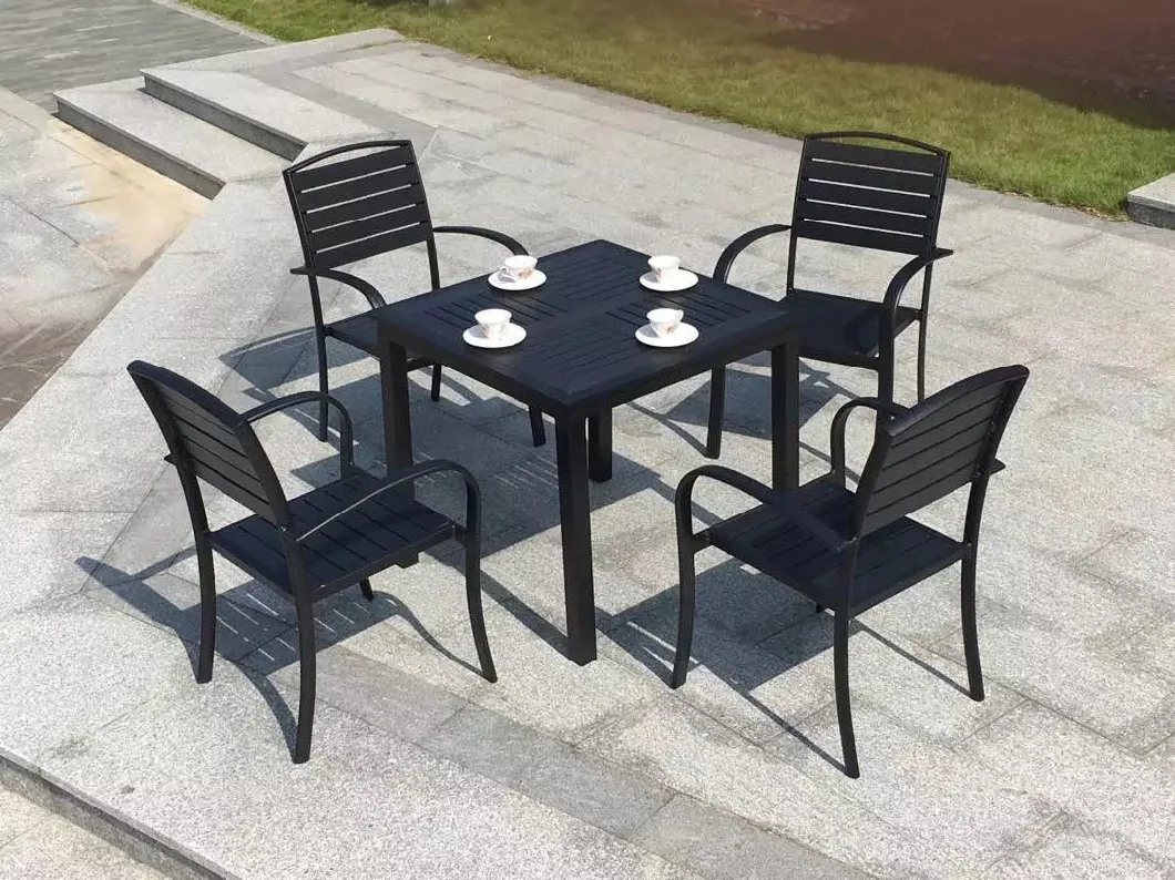 6+1 Good Quality Bali Outdoor Teak Look Outdoor Furniture Dining 9 PCS Plastic Wood Stacked Tables and Chairs Garden Sets