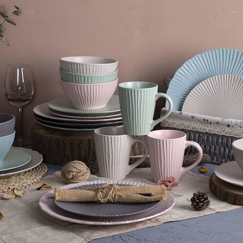 Hot Matt Color Embossed Line Ceramic Stoneware Dinner Sets