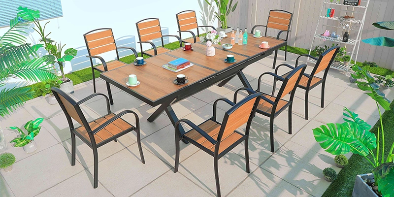 Outdoor Hotel Patio Aluminum Furniture Garden Extendable Plastic Wood Dining Table Set