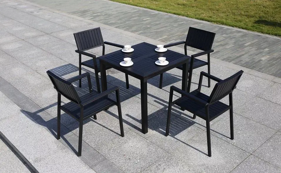 6+1 Good Quality Bali Outdoor Teak Look Outdoor Furniture Dining 9 PCS Plastic Wood Stacked Tables and Chairs Garden Sets