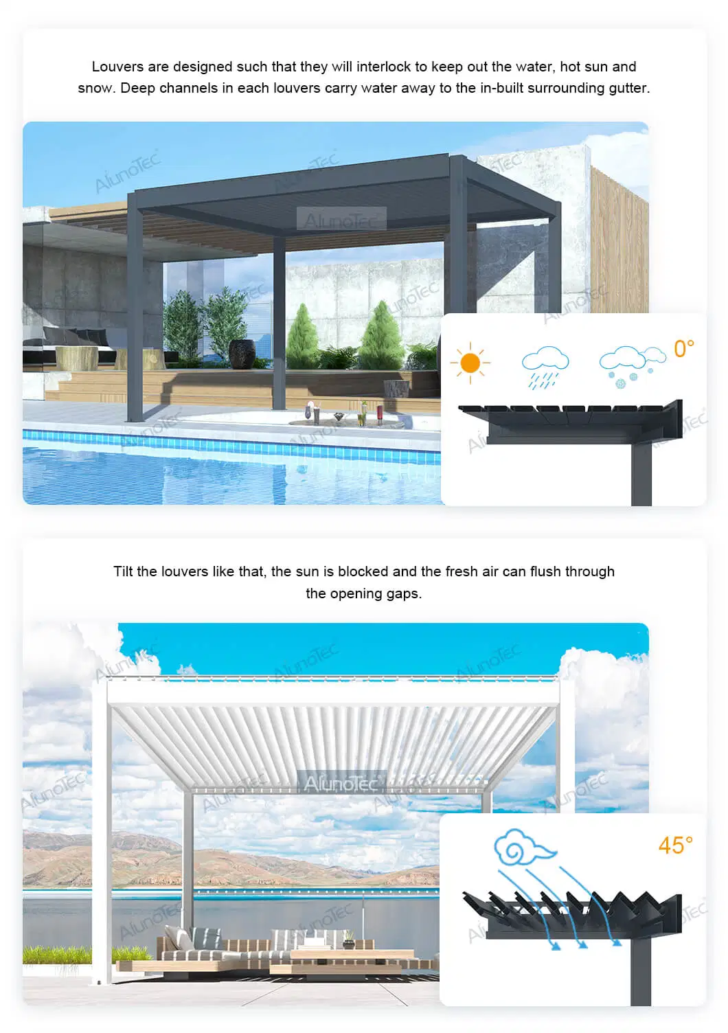 AlunoTec Customized Louver Roof Pergolas Home Furniture Garden Canopy Awning Luxury Bioclimatic Aluminum Pergola Outdoor Gazebo