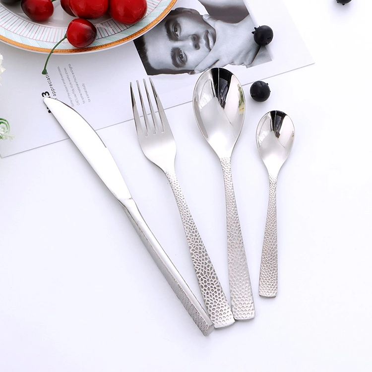 Stainless Steel Silver Color Flatware Dinner Set with Hammered Handle
