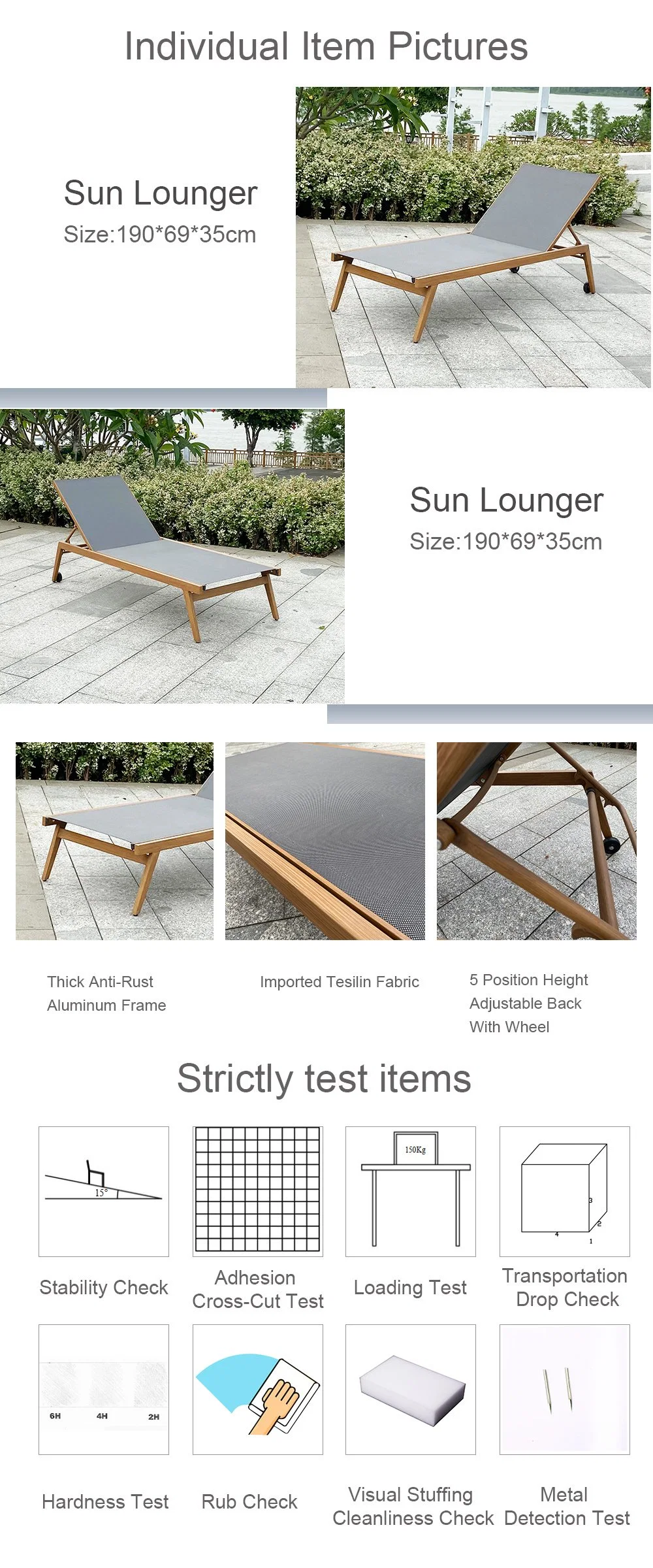 Luxury Aluminum Beach Chairs Hotel Sun Lounger with Wood Color Spray