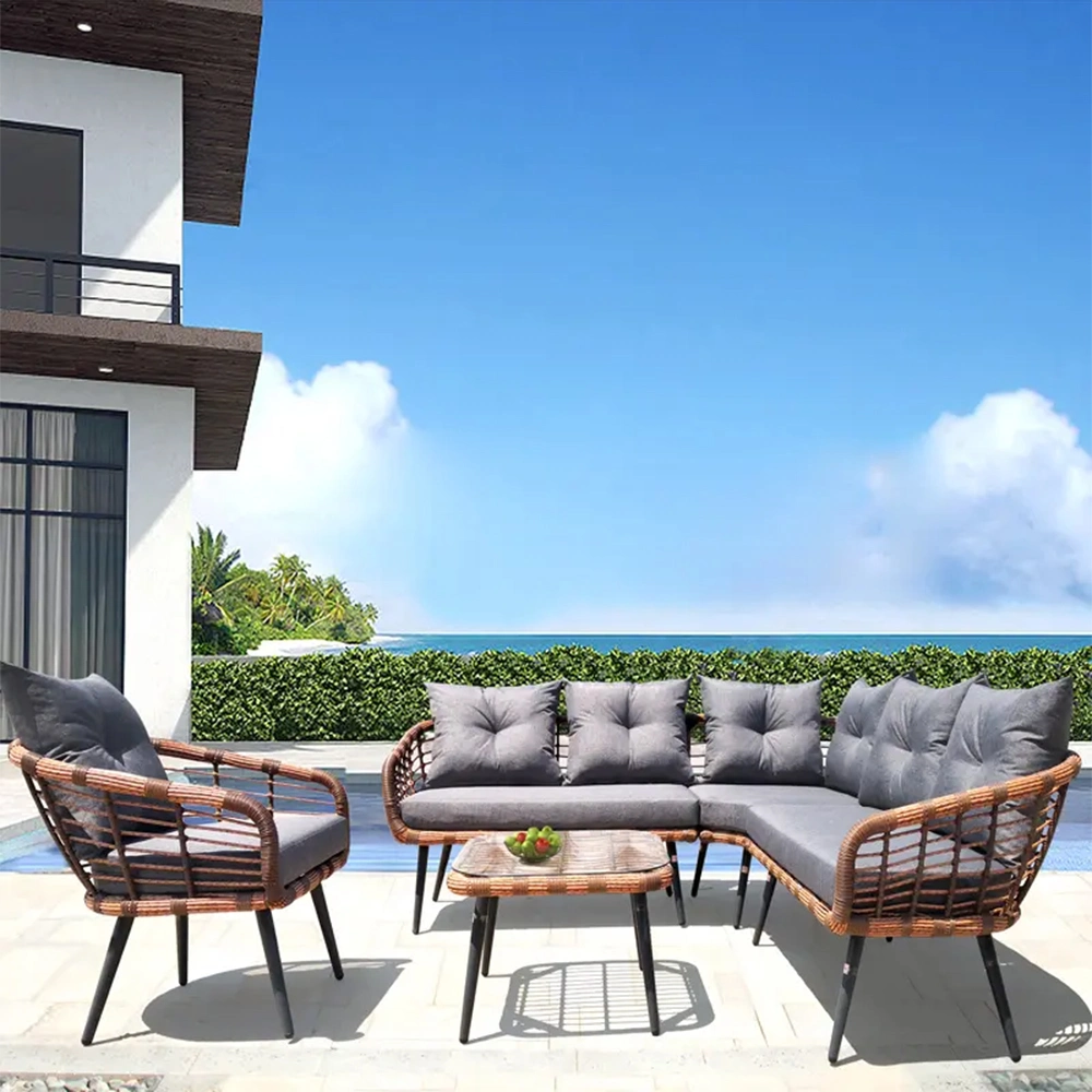 Outdoor Leisure PE Wicker Furniture Garden Corner Sofa Set with Coffee Table-5PCS