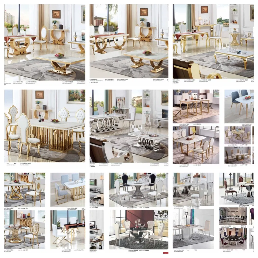 Modern Round Oval Square Tempered Glass Marble Top Table Set Wedding Chair Furniture Household Ball 10248 Seat People Stainless Steel Dining Table