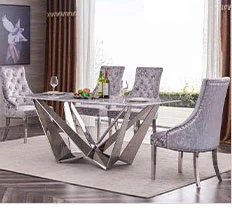 Dining Table Set Free Sample Classic 4/6 Seat Modern Fiber Square Glass Top Metal Leg and Upholstered PU Chair Dining Table Set