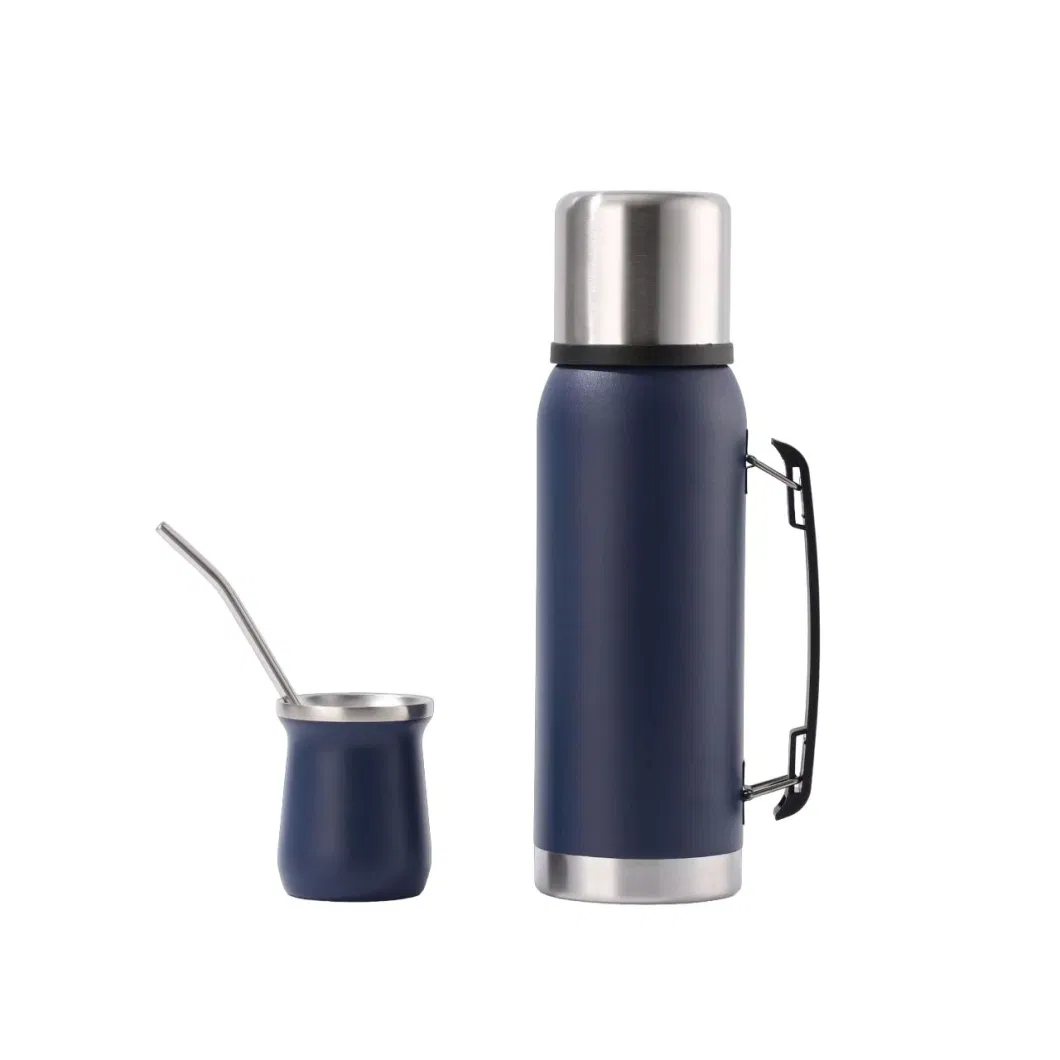 Yerba Mate Tea Gourd Gift Set 8oz Yerba Mate Cup and 1.0L Portable Outdoor Thermal Bottle Bombilla Navy Blue Yerba Mate Cup Set