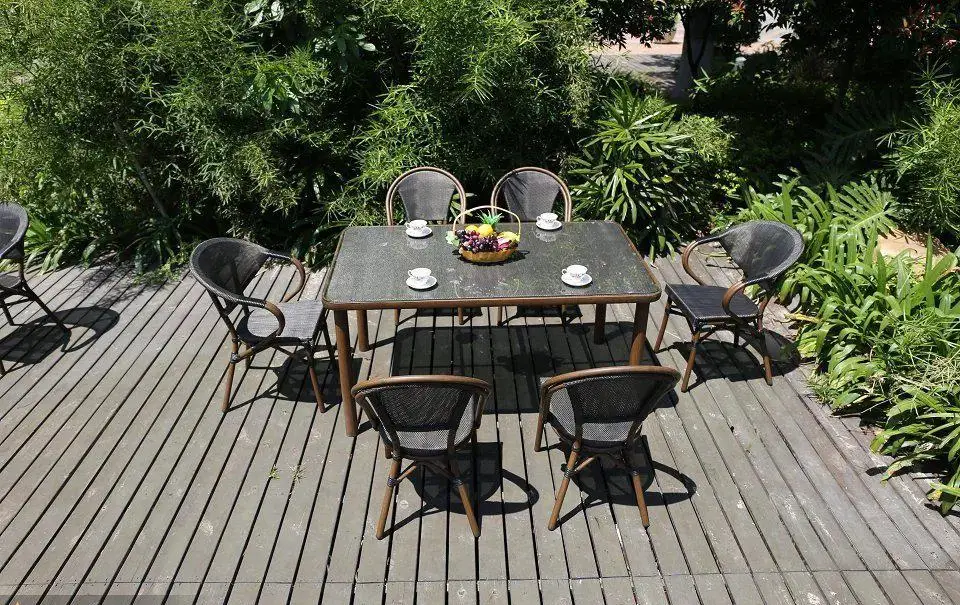 Outdoor Furniture High Quality Bamboo PE Rattan Wicker Bistro Cafe Garden Aluminum Metal Patio Chair and Table Dining Set