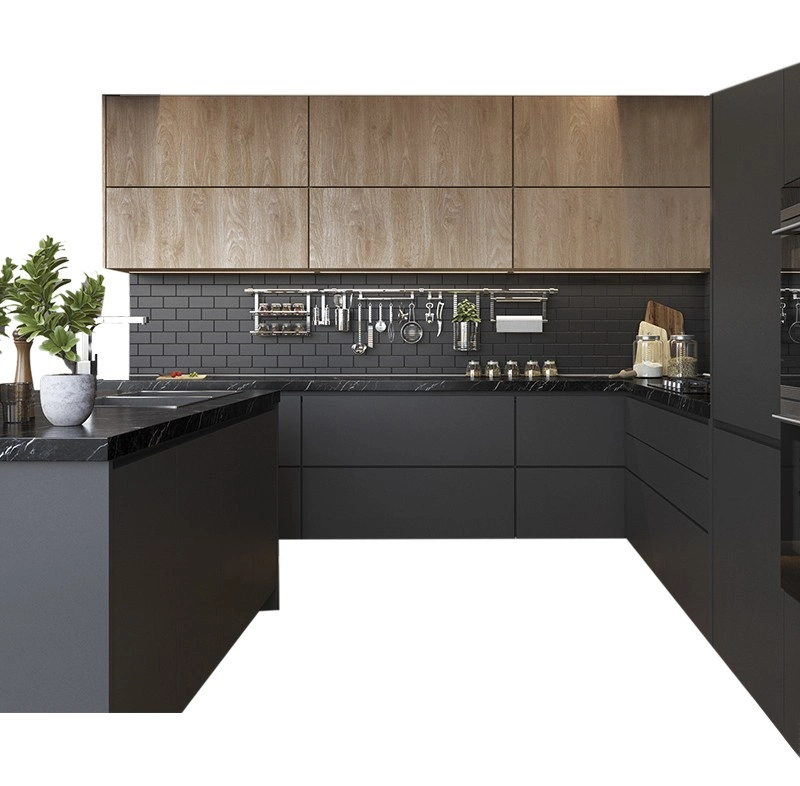 2022 Flat Simple Latest Cheap Popular Italian Furniture Island Luxury Black Full Open Door Panel Kitchen Cabinet Set for Sale