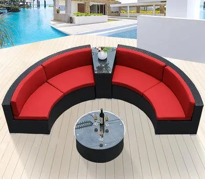 All Weather Outdoor Furniture Waterproof Semicircle Tea Table Wicker Patio Garden Big Rattan Round Sofa Sets