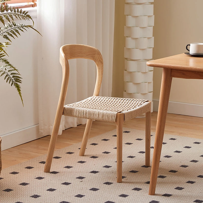 Retro Wood Rattan Chair with Rope Seat for Dining Room