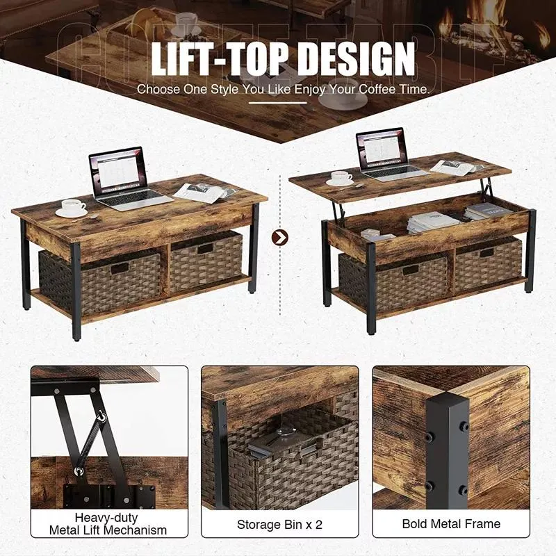 Coffee Table with Storage and Rattan Baskets Raisable Top Central Table with Hidden Compartment Shelf Tabletop for Living Room