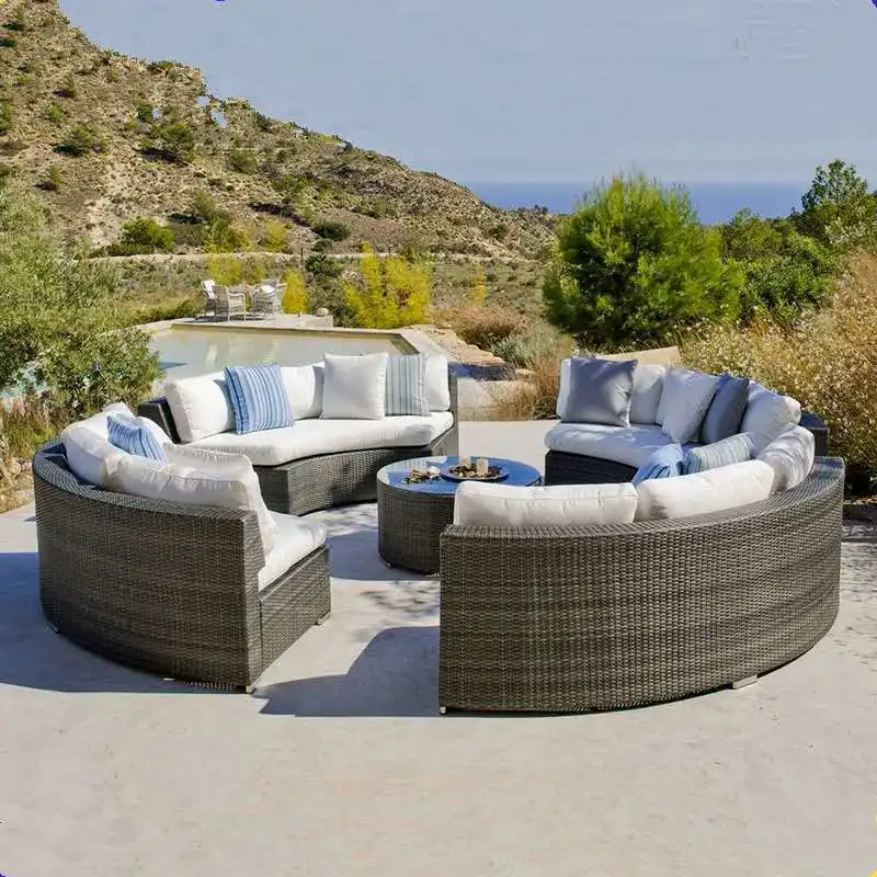 All Weather Outdoor Furniture Waterproof Semicircle Tea Table Wicker Patio Garden Big Rattan Round Sofa Sets