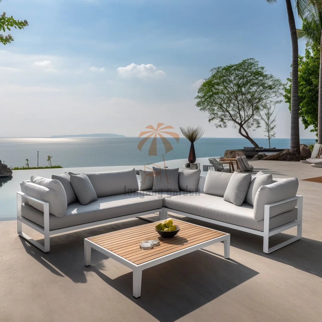Outdoor High-Quality Waterproof L-Shaped Teak Aluminum Tube Leisure Sofa Modern Garden Tea Table Set of Outdoor Villa