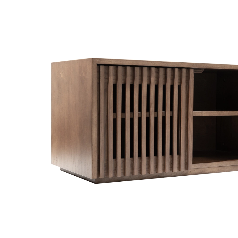 Modern Louvered TV Stand, with Solid Wood Slatted Doors, Open Storage Furniture