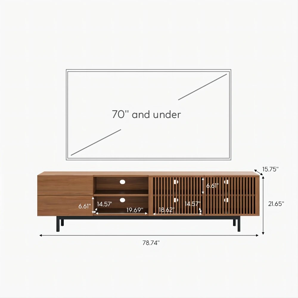 Modern Louvered TV Stand, with Solid Wood Slatted Doors, Open Storage Furniture