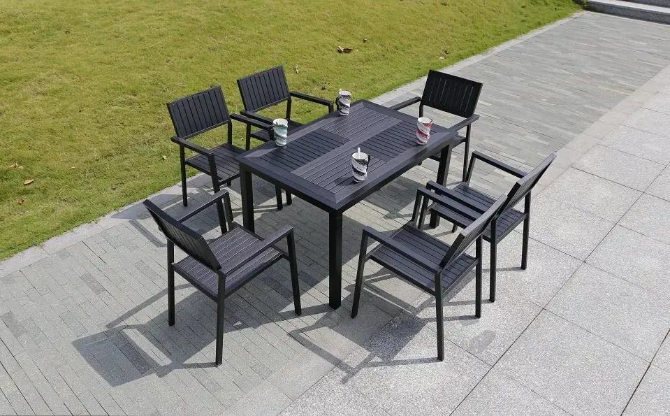 6+1 Good Quality Bali Outdoor Teak Look Outdoor Furniture Dining 9 PCS Plastic Wood Stacked Tables and Chairs Garden Sets