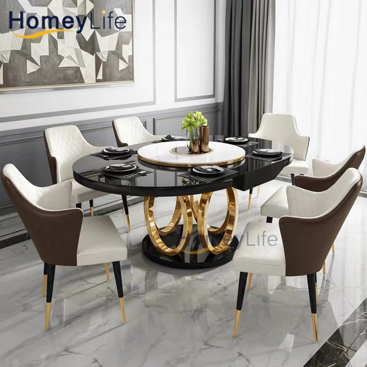 Dining Table Set Free Sample Classic 4/6 Seat Modern Fiber Square Glass Top Metal Leg and Upholstered PU Chair Dining Table Set