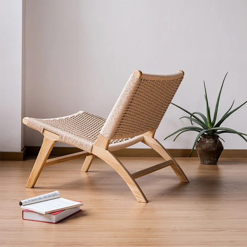 Retro Wood Rattan Chair with Rope Seat for Dining Room