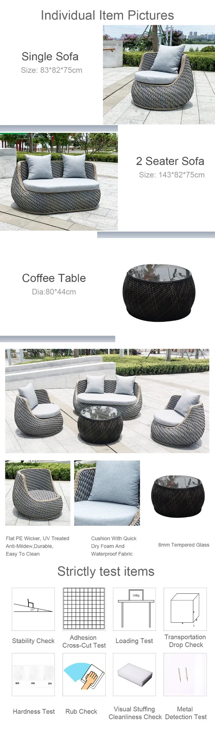 The Nordic Popular Patio Furniture Outdoor PE Rattan Sofa with Tempered Glass Coffee Table