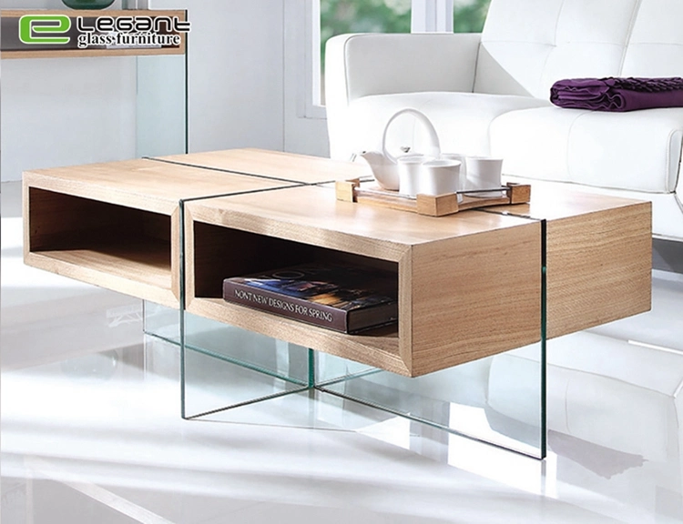 Akiyama Ash Wood Veneer Center Table with Tempered Glass Legs