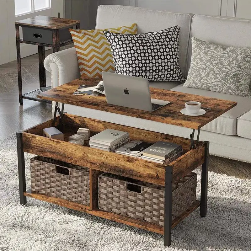 Coffee Table with Storage and Rattan Baskets Raisable Top Central Table with Hidden Compartment Shelf Tabletop for Living Room