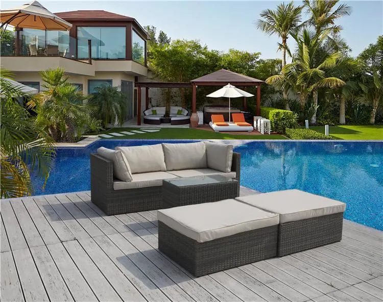 Outdoor Conversation Set Rattan Wicker Patio Furniture Sectional Sofa with Cushion and Glass Table