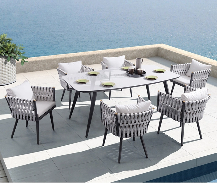 Patio Garden Outdoor Aluminum Rattan Patio Rope Weaving Rectangular Dining Table 6 Seat Dining Furniture