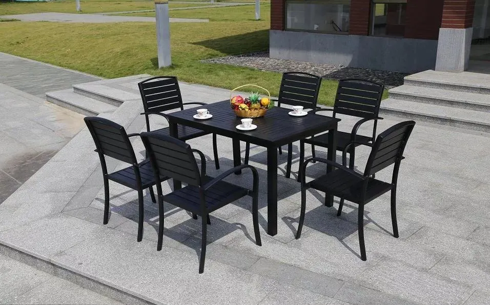 6+1 Good Quality Bali Outdoor Teak Look Outdoor Furniture Dining 9 PCS Plastic Wood Stacked Tables and Chairs Garden Sets