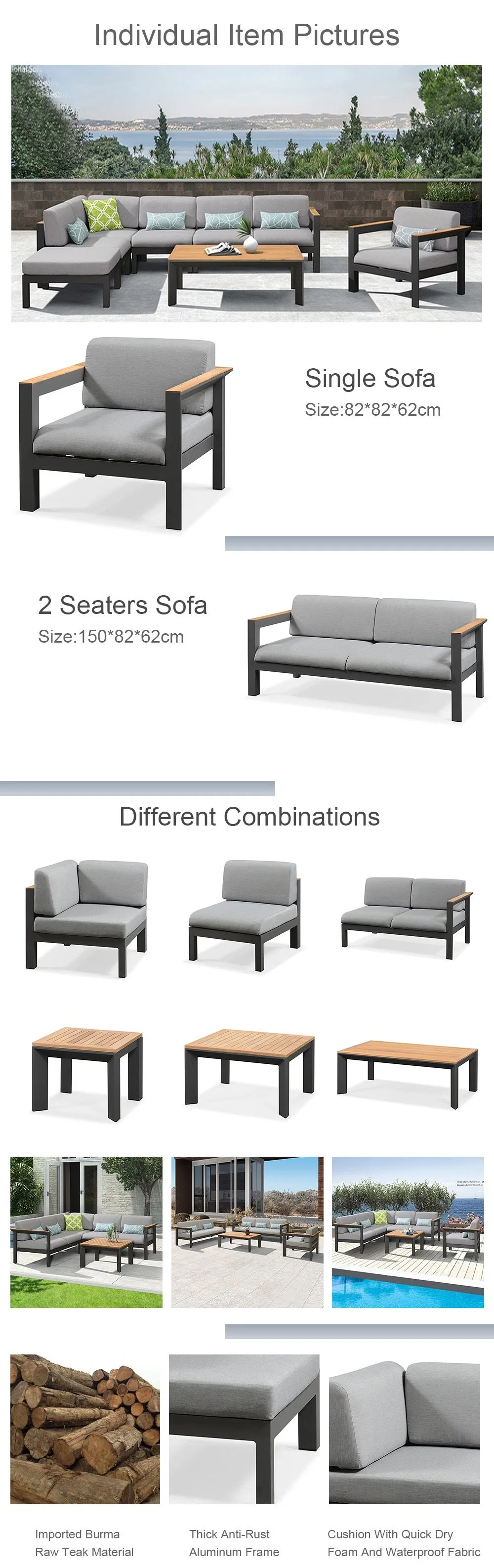 UV Resistant Garden Luxury Sectional Aluminum Sofa Set Hotel Contemporary Outdoor Furniture with Stock