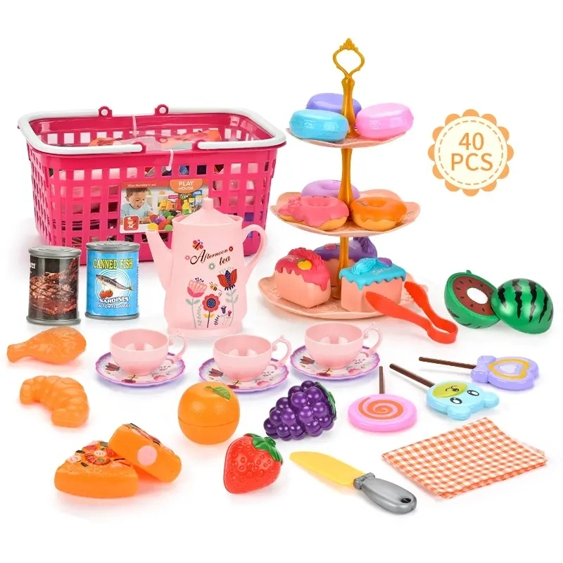 Pretend Toys Children&prime;s Playhouse Outdoor Picnic Toy Food Tea Set Portable Summer Sunshine Interesting Colorful Fruit Basket Set